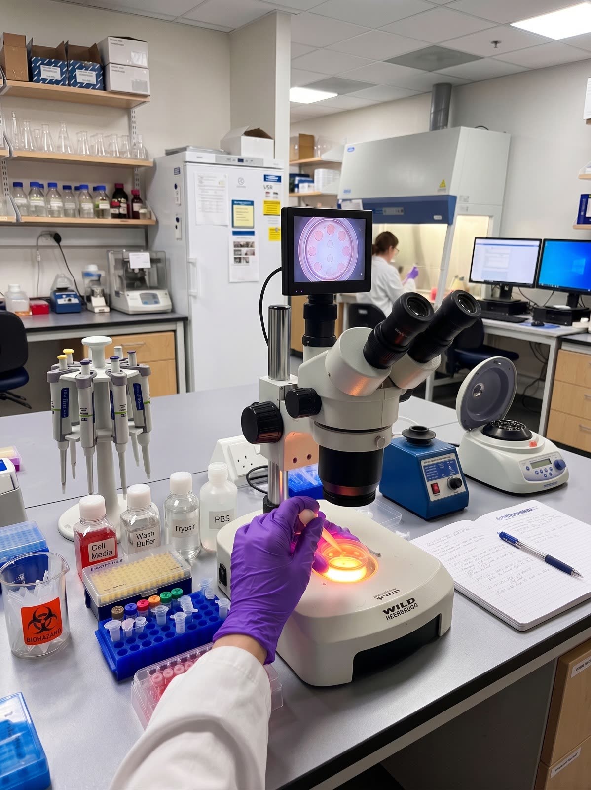 Estación de micromanipulación con estereomicroscopio en el laboratorio Embriotec